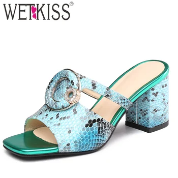 

WETKISS Colorful Snake Skin Slippers Women Summer 2019 New Women Slides Shoes Female Crystal Mules Shoes High Heels Shoes Ladies