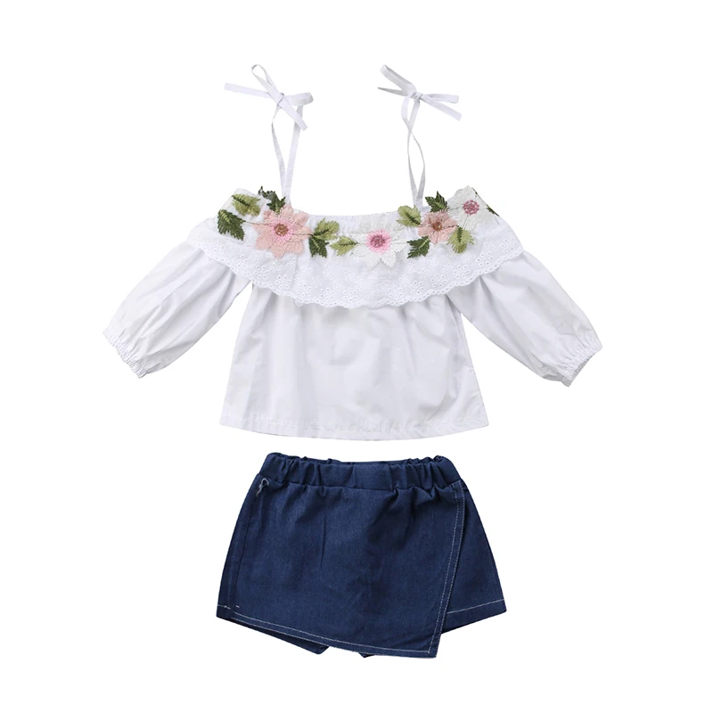 2pcs//set Toddler Kids Girl Strap Tops Blouse Denim Shorts Outfits Set Clothes