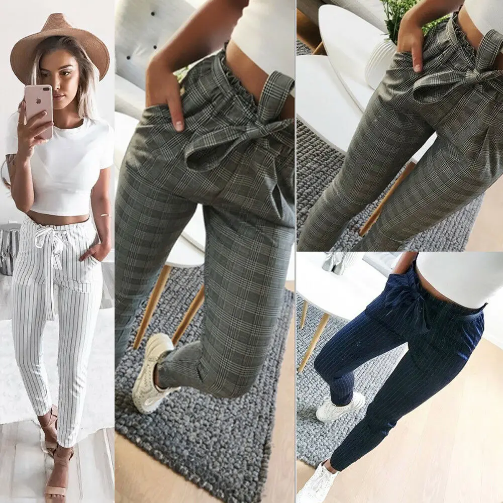 

2019 New Fashion Women OL Pants Chiffon High Waist Women Summer Casual Striped trousers