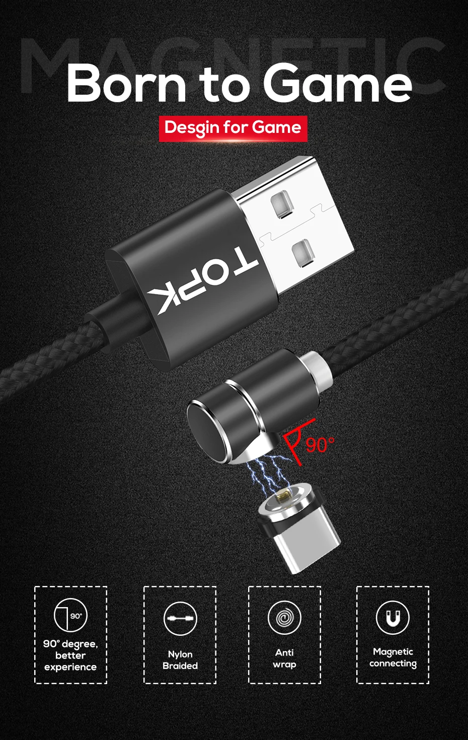 TOPK L-Line 1 м 2 м 90 градусов L Тип Магнитный кабель Micro USB кабель и usb type C светодиодный магнитный Кабель зарядного устройства для iPhone X 8 7 6