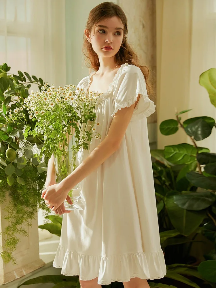

Summer Cotton Sweet Princess Sleepwear Short Sleeve Elegant Female White Nightgowns Girls Loose Nightwear