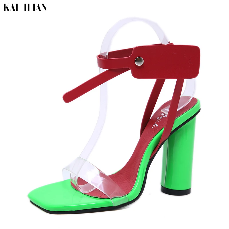 

Sandals 2019 Summer Shoes Women high heels jelly shoes Red Green mixed colors pumps Square heels fashion Rome ankle strap buckle
