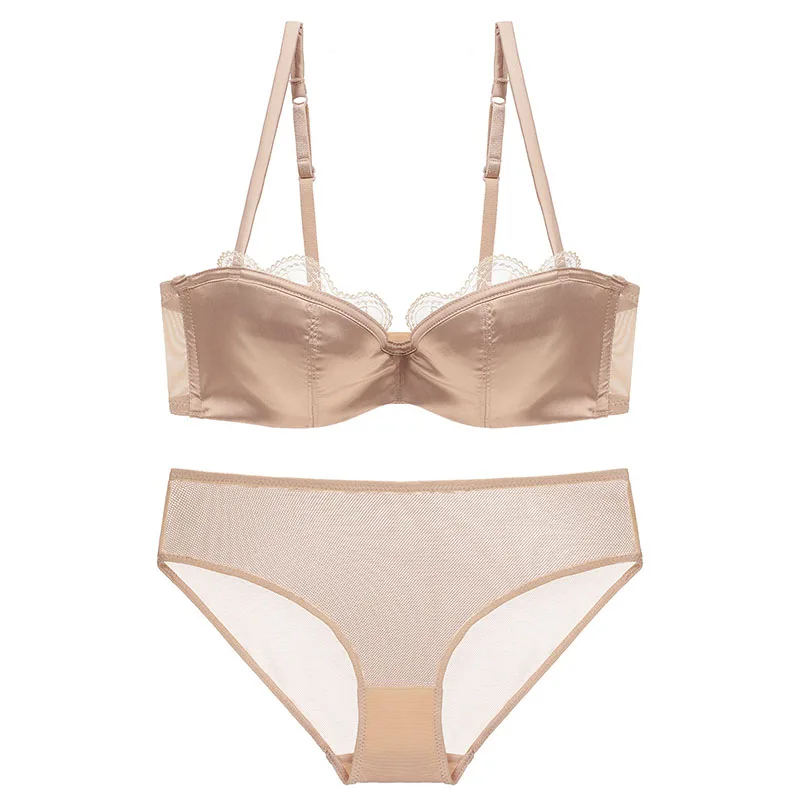 Women Lace Sexy Demi Bra Set Mesh Brief Underwire Back Closure Push up Underwear (4)