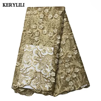

Gold Party Dress 3D Applique Beaded Tulle African Lace Fabric Flower High Quality Swiss Voile Net Lace KRL-28804