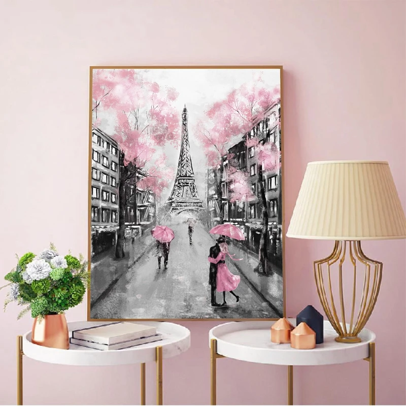 Париж Город картина маслом печать Эйфелева башня пара с зонтиком на улице стены искусства картина плакат Холст Живопись Домашний Декор