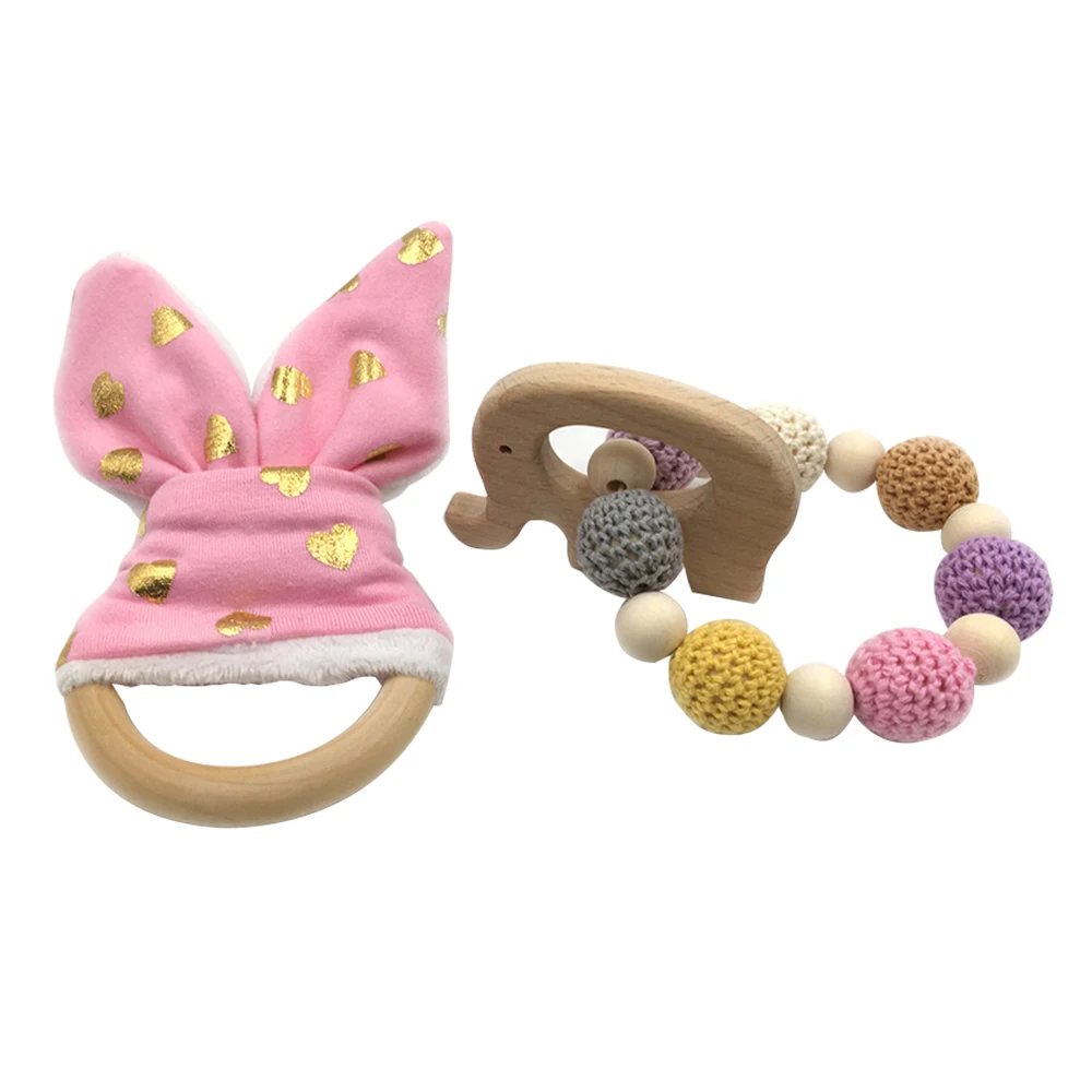Enjoybay 2pc/set Baby Wooden Teething Rings Bunny Ear Teether Wooden Bracelets Non-toxic Natural Wood Teething Toy Newborns Gift