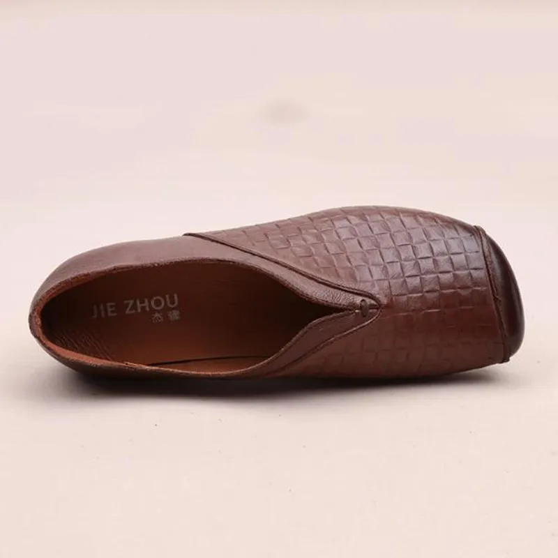 Carré Brun Main Mou Cuir tissé Black Chaussures Vache Noir Automne brown Style Femmes De En Maman Rétro Plat Fond Nouveau Printemps InP16nY