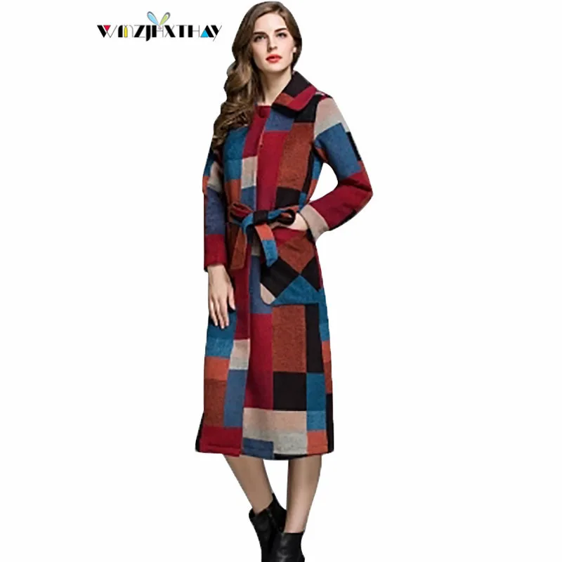 Woolen Coat Women Fashion Casual Lattice Single Breasted