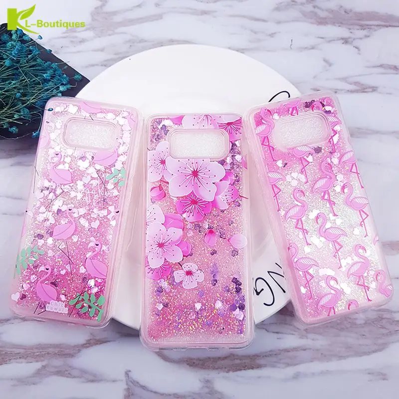 

KL-Boutiques Cartoon Case For Coque Samsung Galaxy S8 S9 Plus S6 S7 Edge A8 2017 Flamingo Liquid Glitter Dynamic Phone Cover