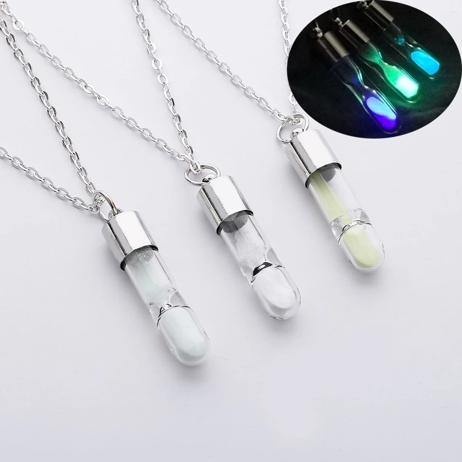 

Time Glass Drift Bottle Luminous Sand Blue Purple Hourglass Wish Bottle Pendant Necklace Creative Jewelry Couples Friend Gift
