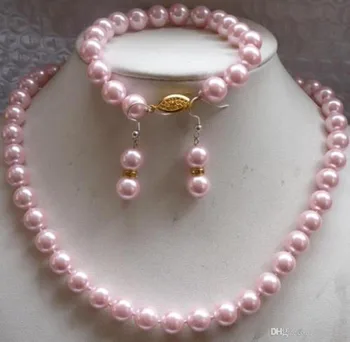 

HOT Beautiful 8mm Pink Sea Pearl Shell Necklace &Bracelet Earring Set 18"7.5">>> Free shipping
