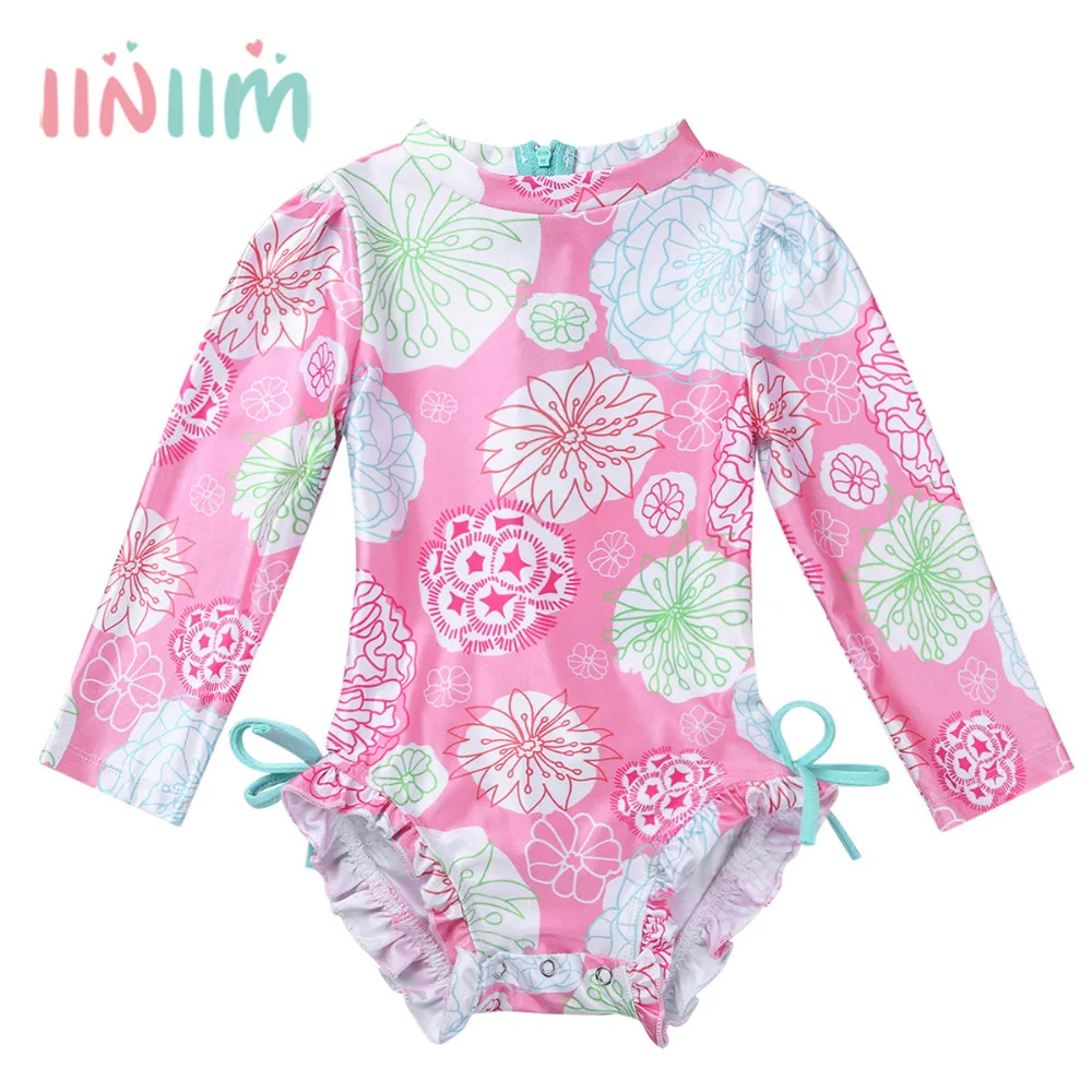 iiniim Infant Baby Girls Clothes Floral Printed Back Zipper with Ruffles Swimsuit Swimwear Baby