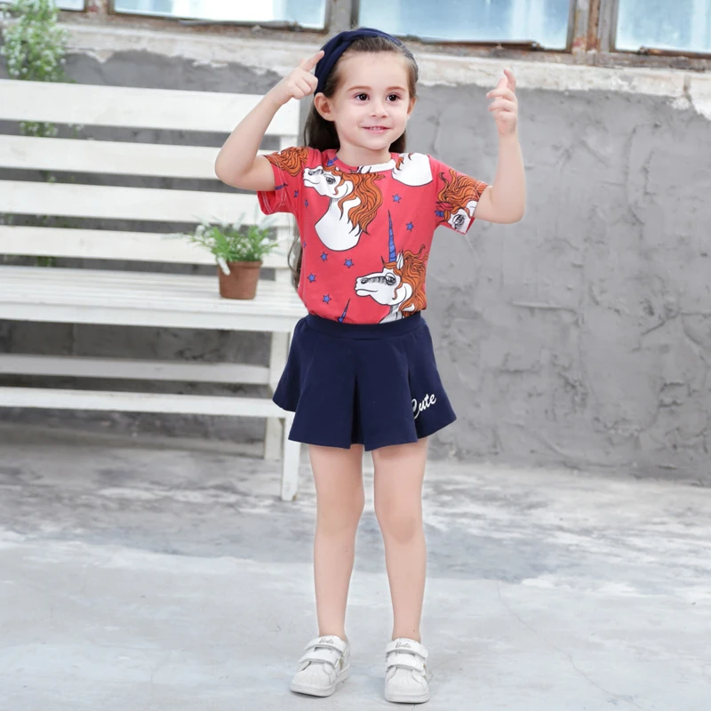 

2019 Fashion Girl Clothes Set Short Sleeve Cartoon horse T-shirt +pants Outfit 2PCS baby girl summer clothes