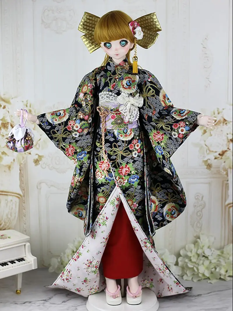 Details about   1/6 1/4 1/3 BJD Clothes Doll Outfit Japanese Kimono Suit Black Wave 5 Pcs Set 