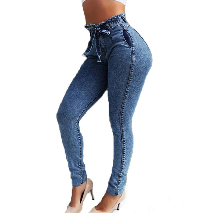 

Summer Simplicity Belt Broken Edge Denim Trousers High Waist Tight Fashion Trousers Girl Solid Color Washed Slim Denim Trousers