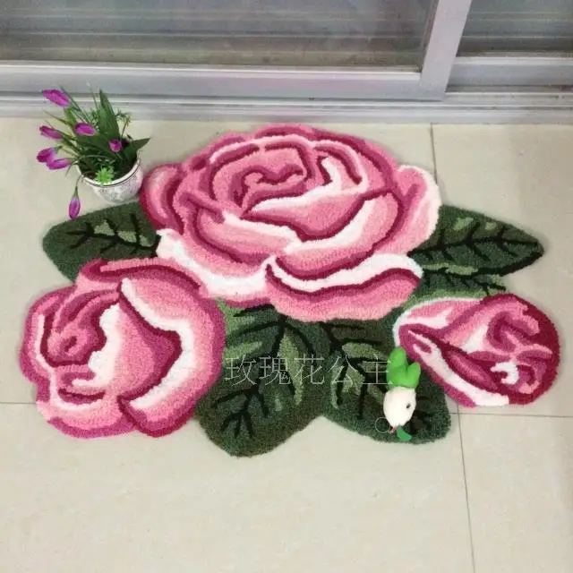 

80cm*60cm 3 Rose Rug Pink Handmade Bath Mat Floral Rug Anti-Slip Back Mat Girls Bedroom Rugs Floor Mats Doormat