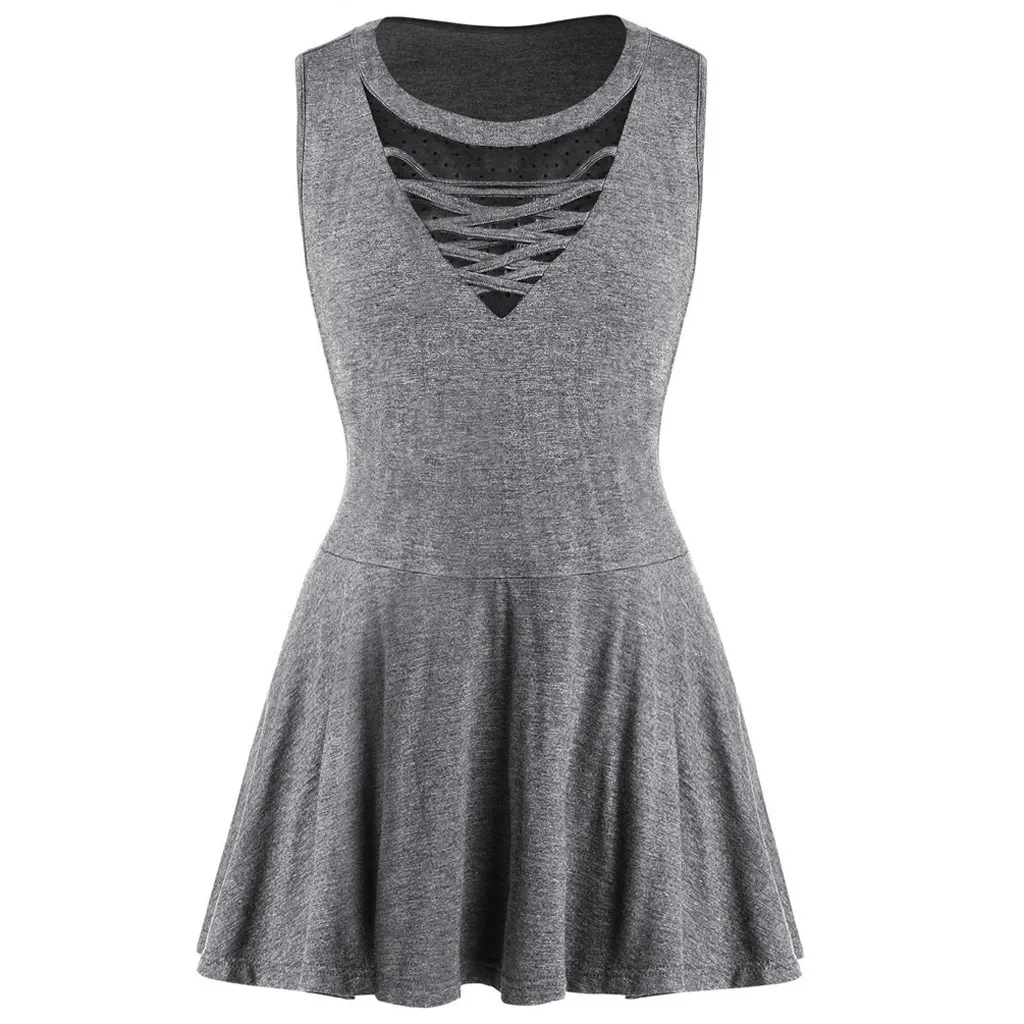 2019 Fashion Women Plus Size Casual Sexy Daily Cross O-Neck Mesh Patchwork Sleeveless Ruched Hem Top camisetas verano mujer 50