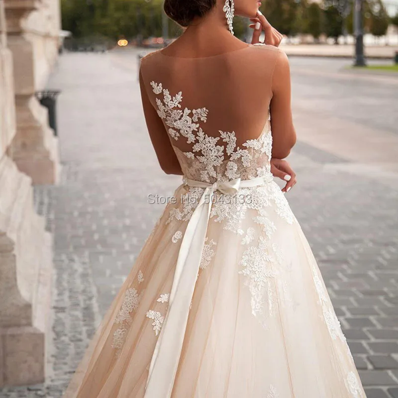 bridal gowns Transparent Scoop Champagne Wedding Dresses with Detachable Beading Sash Lace Applique Sleeveless Backless Bridal Gowns 2021 beach wedding dresses