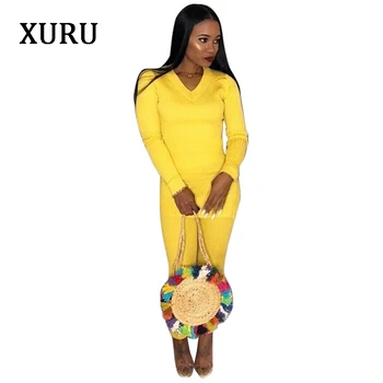 

XURU New Autumn Women Jumpsuits Solid Two Piece Long Sleeve Bodycon Jumpsuit Office Lady Work Casual Jumpsuits High Stretchy