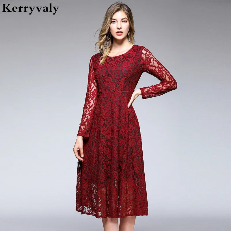 

Autumn Women Long Sleeve Black Lace Dress Vestidos Mujer 2019 Vestido Casual Midi Party Dress Dames Kleding K8139