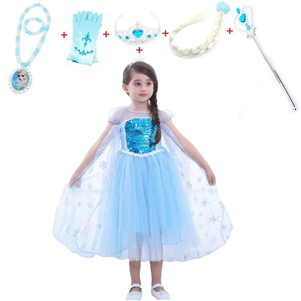 

2018 New Frozen Elsa Costume Dress Halloween Costume Child dress for kids Cosplay Costume with Crown scepter wig necklace Wand