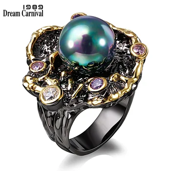 

DreamCarnival1989 Elegant Unique Vintage Rings for Women Purple CZ Bague Black Gold Color Anillos Mujer Synthetic Pearl ZR14110