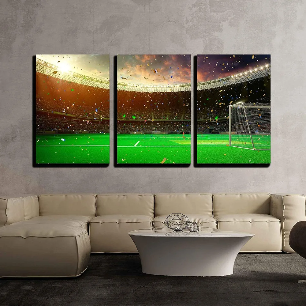 

3 Piece Canvas Wall Art Evening Stadium Arena Soccer Field Championship Win Confetti and Tinsel Modern Home Decor