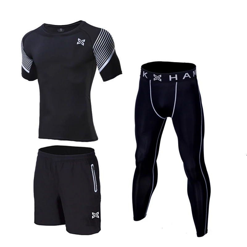 Быстросохнущий компрессионный комплект мужской одежды для бега спортзал фитнесс костюм для йоги и бега комплект для бега футбол Баскетбольная одежда 3 шт./комплект - Цвет: X3633642638 white