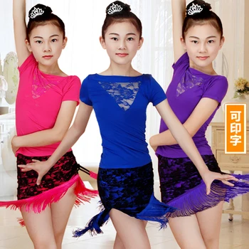

Lace Fringe Dance Skirt Girls Latin Dance Dress Children Dance Leotard Girl Dance Summer T-shirt