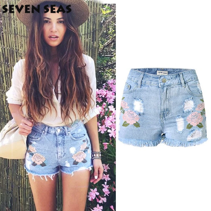 New Fashion Rose Embroidery Shorts Femme High Waisted Denim Shorts For Women Ripped Shorts Jeans Cut Off Pantalones Cortos Mujer Waist Denim Shorts Embroidery Shortshigh Waisted Denim Shorts Aliexpress