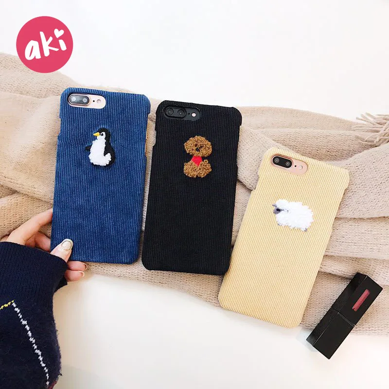 

AKI Corduroy Embroidery Phone Case for iPhone 8 7 Plus Case Animal Teddy Penguin Sheep Hard PC Cover for iPhone 6s 6 Plus X Case
