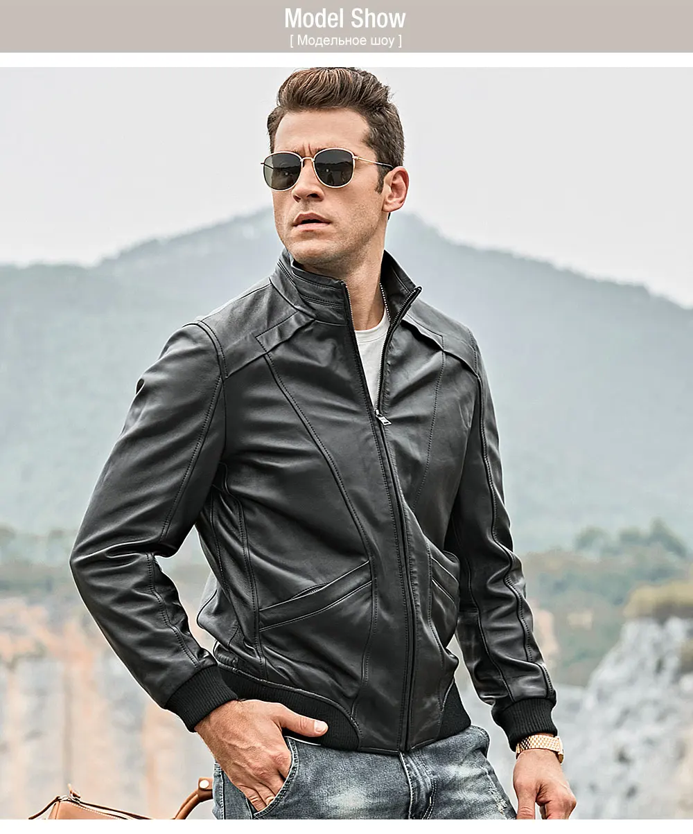 mens cowhide jacket FLAVOR Men's Real Leather Jacket Men Lambskin Motorcycle Genuine Nappa Leather jacket with Standing Collar Coat sheepskin leather coat