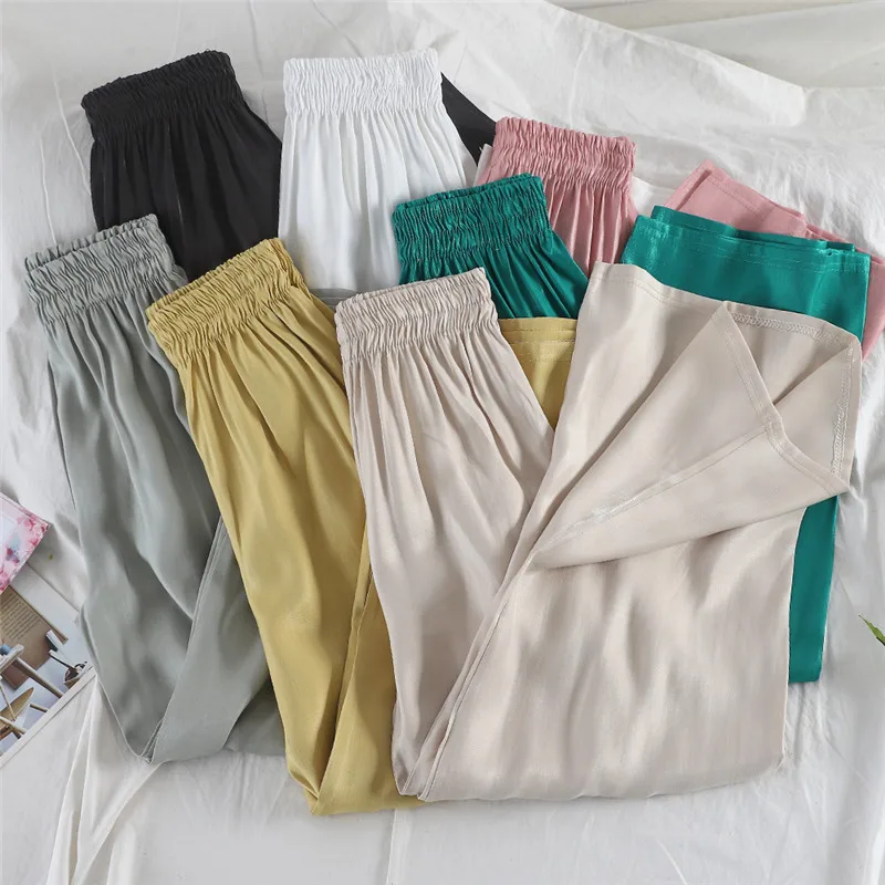 

2019 Summer Autumn Women Thin Long Trousers Elastic High Waist Satin Pants Female Casual Loose Wide Leg Pants Plus Size AB1458