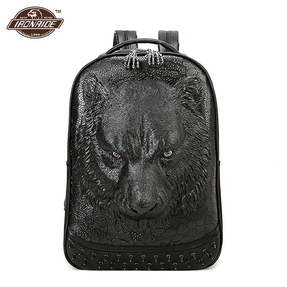 

Motorcycle Backpacks PU Leather Shoulder Bag Motorcycle Bag 3D Embossed Wolf Head Retro Rock Bags Rivet Satchel Travel Bag