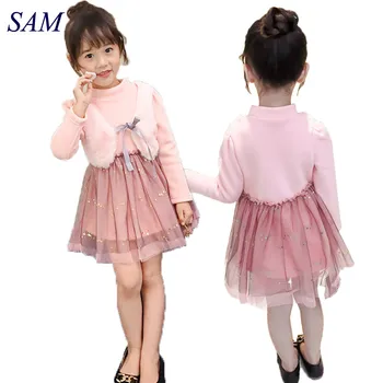 

Grils Dress 2019 New Winter Dresses Children Clothing Princess Dress Pink Long Sleeve Wool Bow Design Girls Clothes