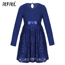 Детское кружевное платье с длинными рукавами и цветочным рисунком для девочек с бантом для дня рождения, красивое осеннее Повседневное платье с высокой талией, SZ 3-12