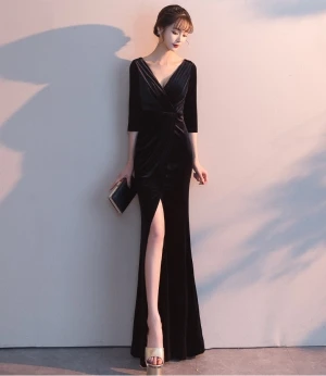 Robe de soiree Сексуальные темно-синие платья/бордовые велюровые вечерние платья с v-образным вырезом Элегантные зимние осенние бархатные вечерние платья на выпускной - Цвет: Черный