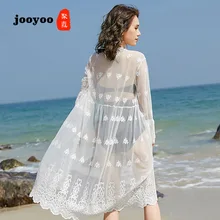 Сексуальный кружевной кардиган шаль пальто женская летняя тонкая внешняя Приморская Праздничная однотонная Длинная пляжная Солнцезащитная одежда Jooyoo