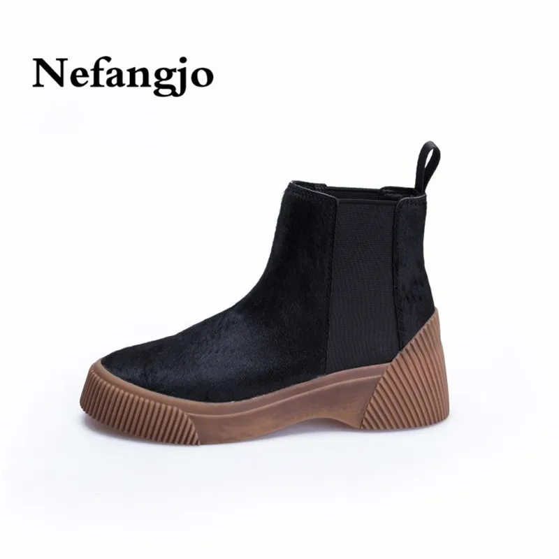 

Nefangjo 2018 new horse hair color matching inside and outside the full leather muffin leopard print boots women's boots