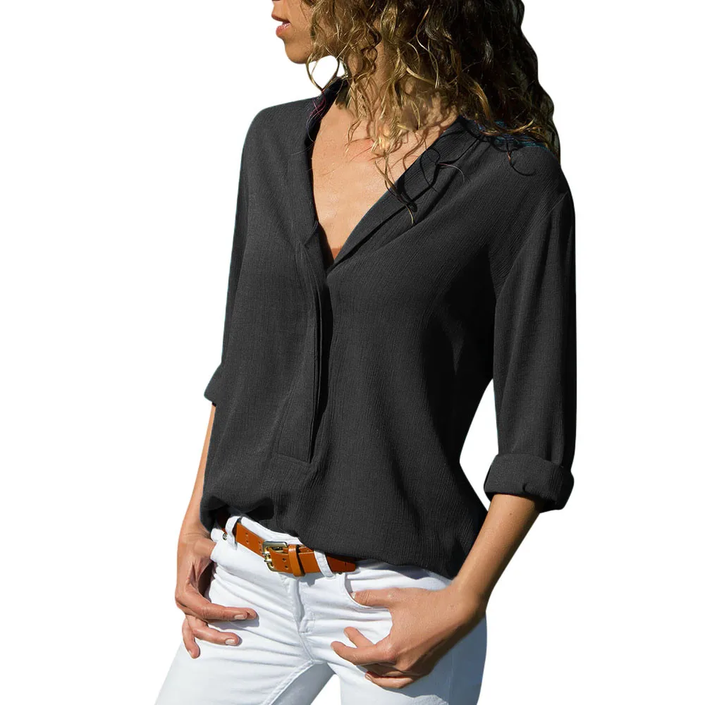 feitong High Quality T Shirt Women Casual Solid Long Sleeve Turn Down