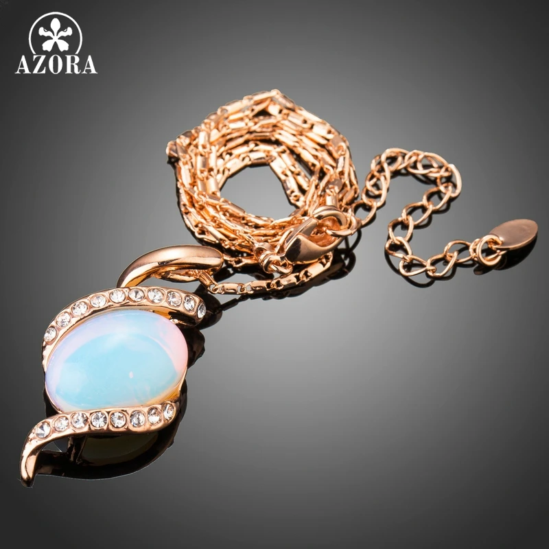 AZORA Luxury Charming Rose Gold Color Snake Shape Crystals Necklace for Women Oval Resin Pendant Necklace Party Jewellery TN0224