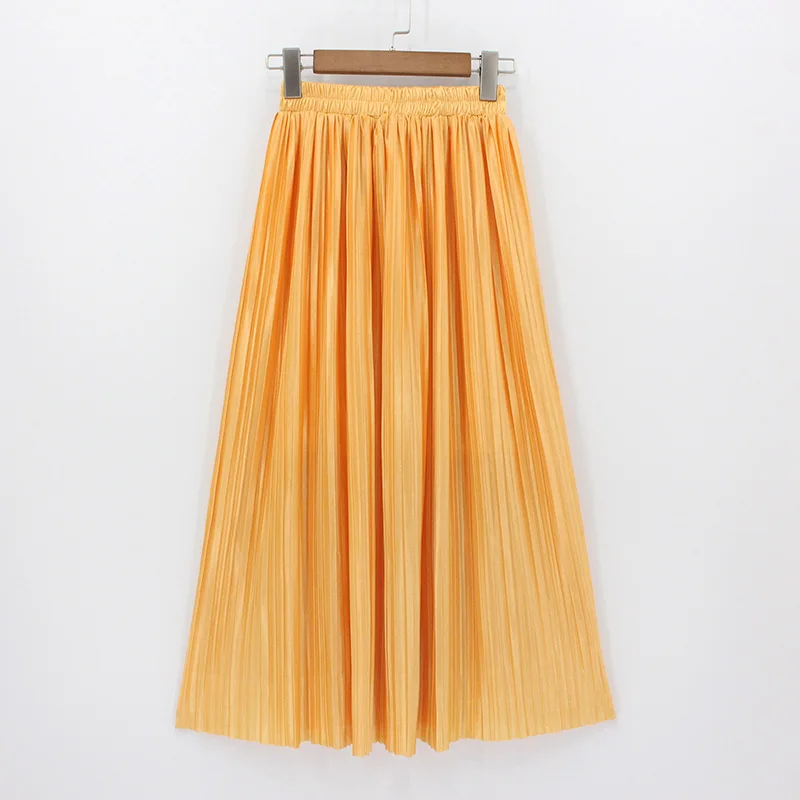 Повседневная плиссированная юбка Макси Длинная женская юбка до середины икры пляжная металлическая винтажная Высокая талия Юбки-миди Midiskirt Лаванда - Цвет: Yellow