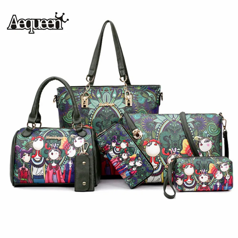 

AEQUEEN Luxury Hand Bags 6 Pcs Set Women Bag Female PU Leather Shoulder Bag Key Handbags And Purses Cartoon Pattern Large Totes