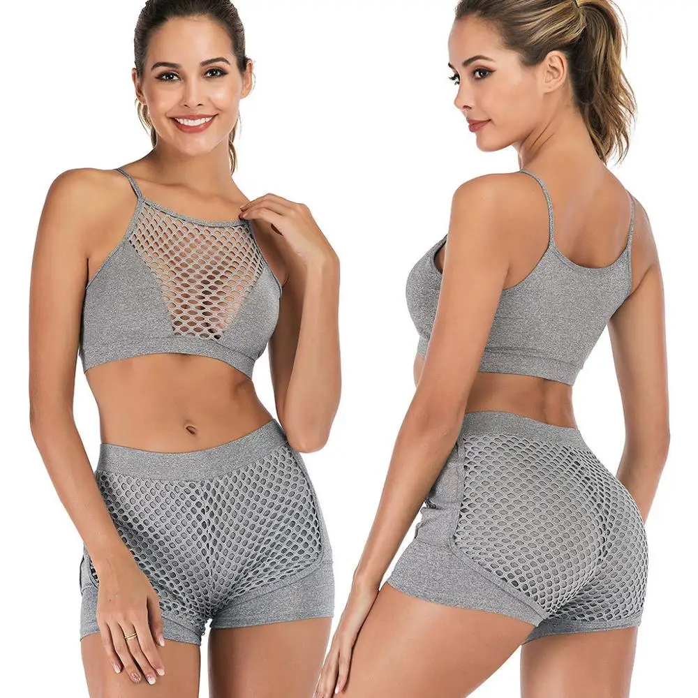

Women's Sexy Breathable Mesh Sport Yoga Suit Gym Elastic Sleeveless Fitness Two Pieces Vest Tank Top Shorts Set