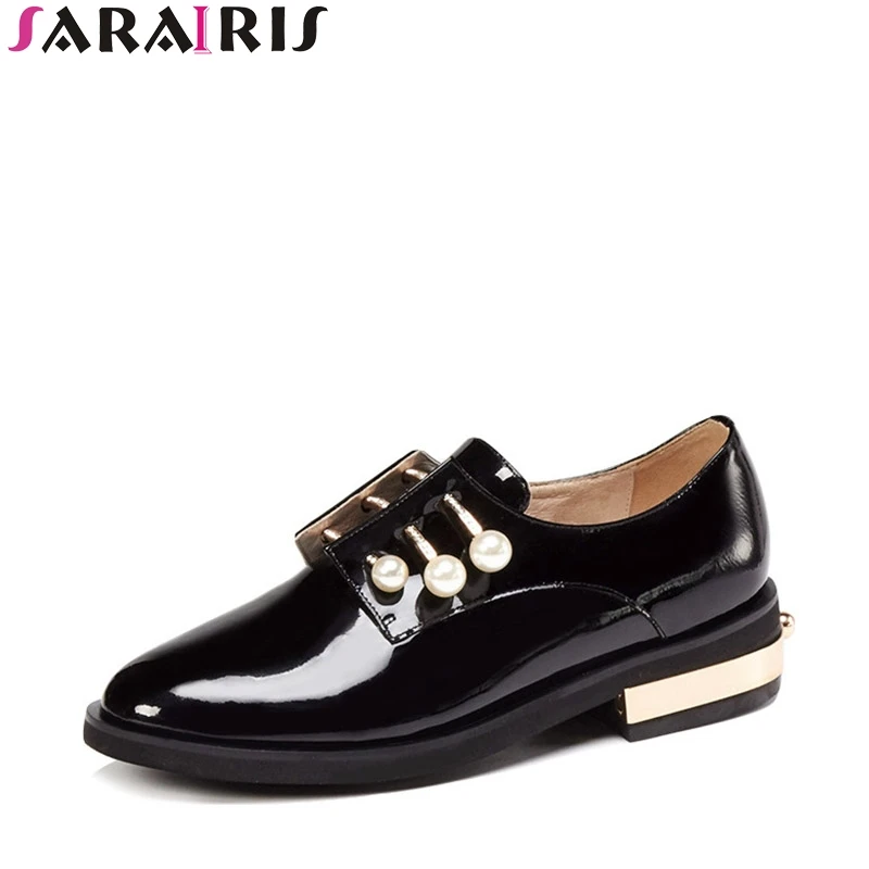 

SARAIRIS 2019 Spring Autumn New Brand Genuine Patent Leather Pumps slip-on Leather Inside Large Size 34-42 Med Heel Shoes Woman