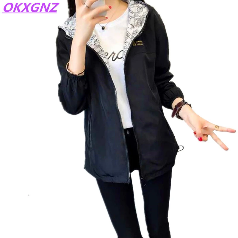 2018 Spring Autumn Women Basic Jacket Pocket Zipper Hooded Two Side Wear Cartoon Print Outwear Loose Coat Windbreaker Female 101 2018 Spring Autumn Women Basic Jacket Pocket Zipper Hooded Two Side Wear Cartoon Print Outwear Loose Coat Windbreaker Female 101