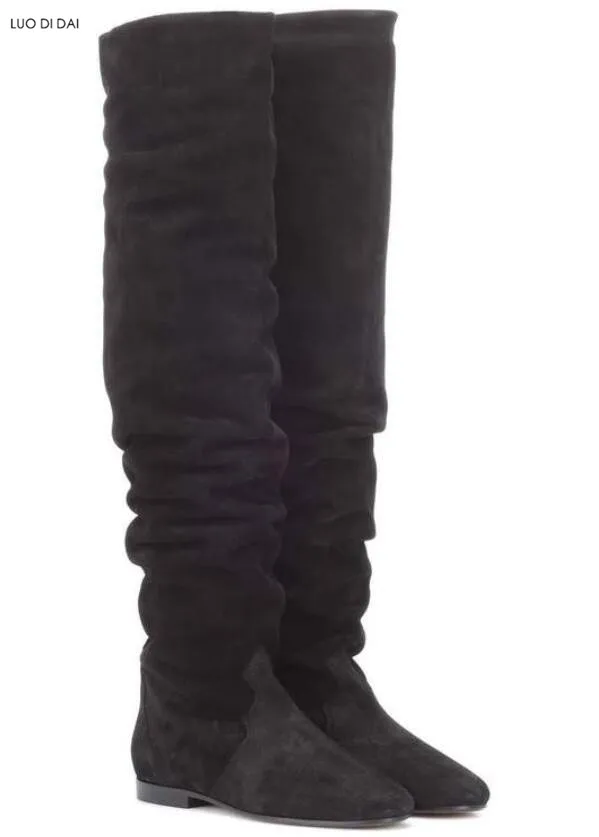 black suede knee high boots flat heel