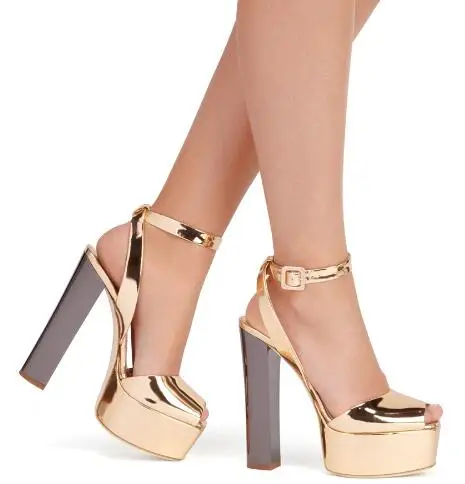 Moraima Snc/женские кожаные туфли на платформе золотистого цвета; пикантные Летние Босоножки с открытым носком и ремешком на щиколотке; супер высокий и толстый каблук