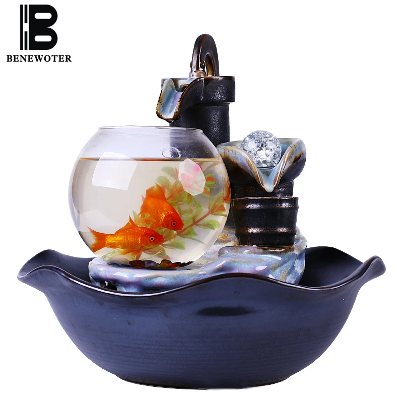 Goede 110 220 v Creatieve Keramische Stroomt Fontein Geluk Desktop Water Feature Glazen Aquarium Luchtbevochtiger Relatiegeschenk Huis decor