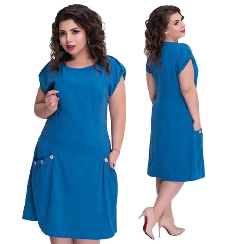 Свободное пляжное платье повседневное летнее платье с большими карманами женское платье большого размера с коротким рукавом синее платье 5XL 6XL Vestidos